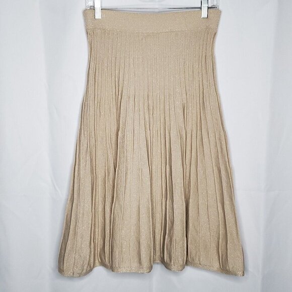 Ribbed Knit Sweater Midi Skirt M Tan Gold Metallic Thread Nanette Lapore - Picture 2 of 5